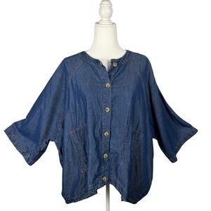 ALEMBIKA Oversized Blue Denim Blouse Top XL Button Up Raglan Sleeves Lagenlook